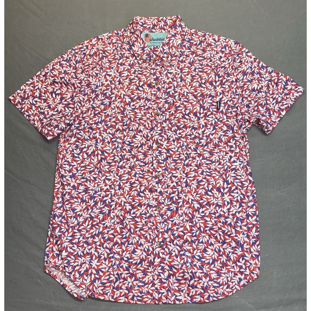 Chubbies Mens Medium Short Sleeve Button Down Shirt Red White Blue Leafy Floral